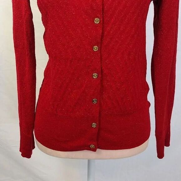 Dana Buchman Red Metallic Gold Chevron Knit Button Up Cardigan Medium - Picture 8 of 15